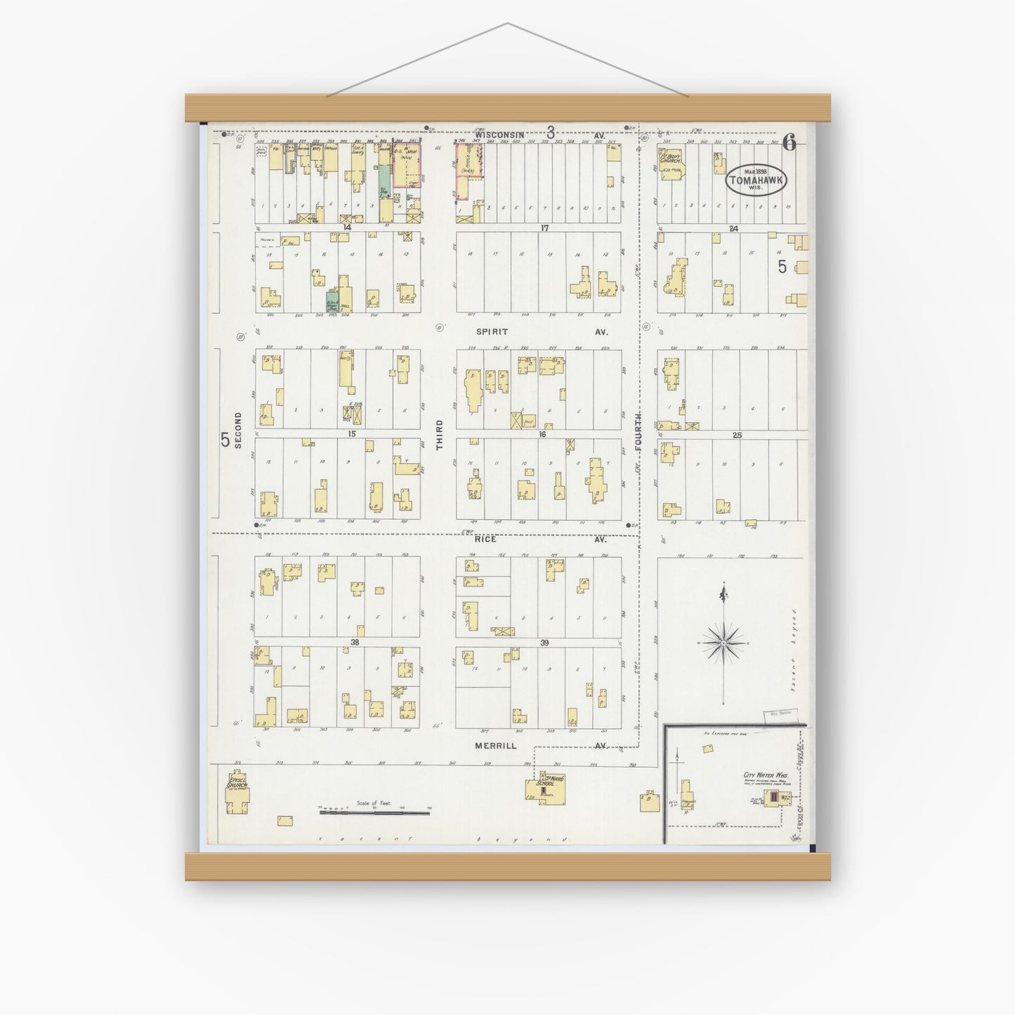 Old map wall art mockup — magnetic wood frame on white wall — Sanborn Fire Insurance Map from Tomahawk, Lincoln County, Wisconsin (1898), Sheet #0006