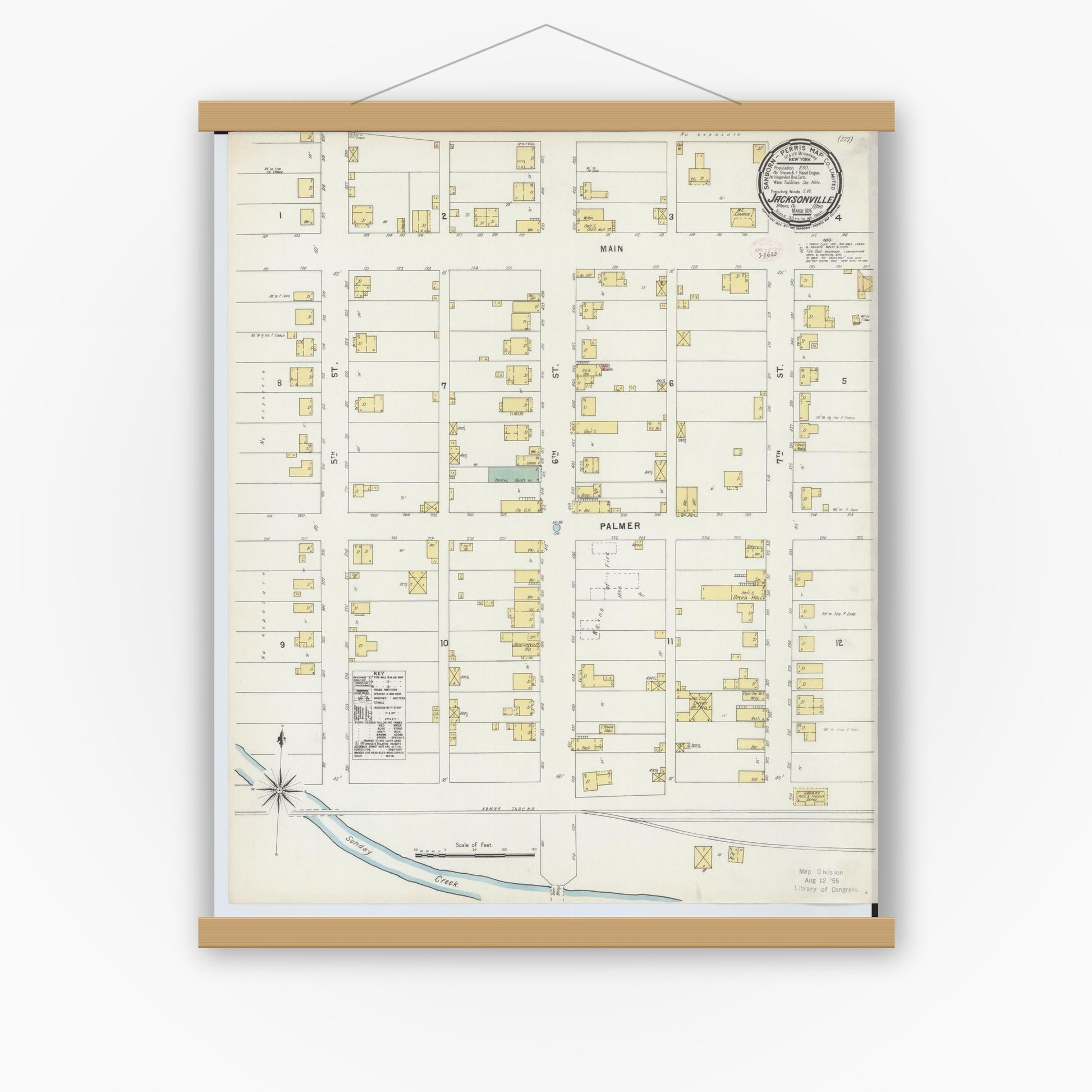 Old map wall art mockup — magnetic wood frame on white wall — Sanborn Fire Insurance Map from Jacksonville, Athens County, Ohio (1896), Sheet #0001