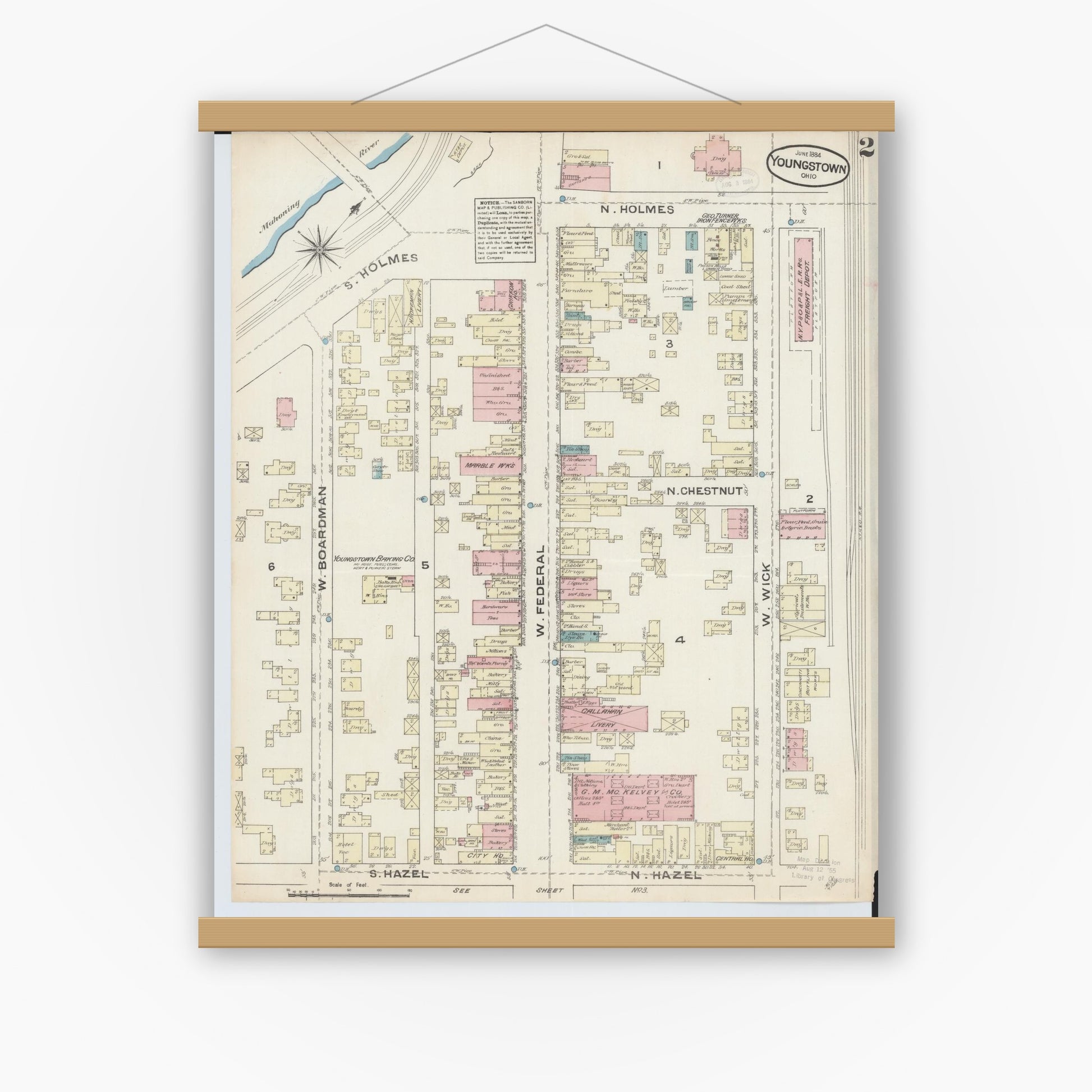 Old map wall art mockup — magnetic wood frame on white wall — Sanborn Fire Insurance Map from Youngstown, Mahoning County, Ohio (1884), Sheet #0002