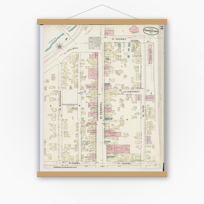 Old map wall art mockup — magnetic wood frame on white wall — Sanborn Fire Insurance Map from Youngstown, Mahoning County, Ohio (1884), Sheet #0002