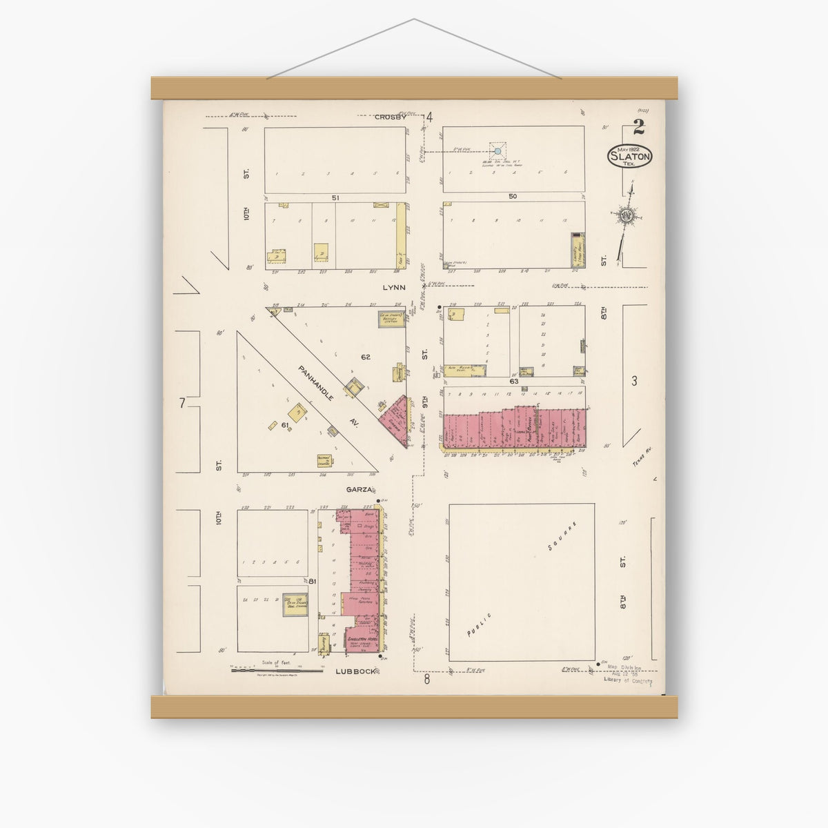 Old map wall art mockup — magnetic wood frame on white wall — Sanborn Fire Insurance Map from Slaton, Lubbock County, Texas (1922), Sheet #0002