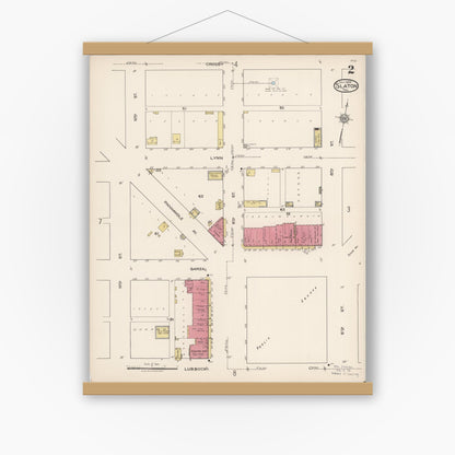 Old map wall art mockup — magnetic wood frame on white wall — Sanborn Fire Insurance Map from Slaton, Lubbock County, Texas (1922), Sheet #0002