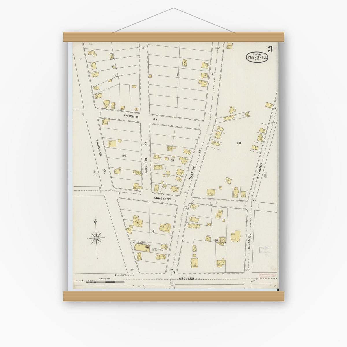 Old map wall art mockup — magnetic wood frame on white wall — Sanborn Fire Insurance Map from Peekskill, Westchester County, New York (1895), Sheet #0003