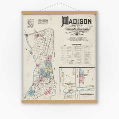 Old map wall art mockup — magnetic wood frame on white wall — Sanborn Fire Insurance Map from Madison, Dane County, Wisconsin (1885) - Complete Map Set
