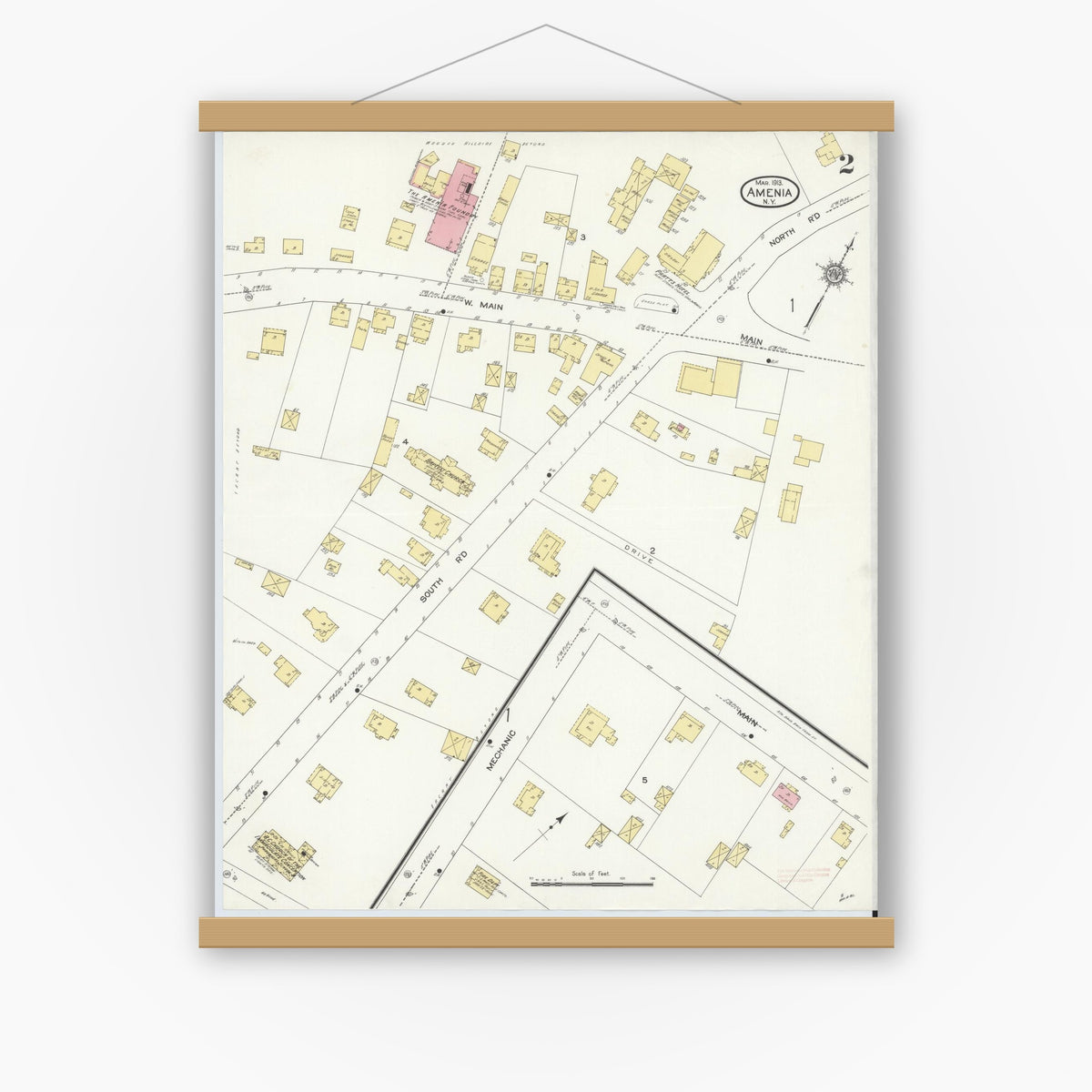 Old map wall art mockup — magnetic wood frame on white wall — Sanborn Fire Insurance Map from Amenia, Dutchess County, New York (1913), Sheet #0002