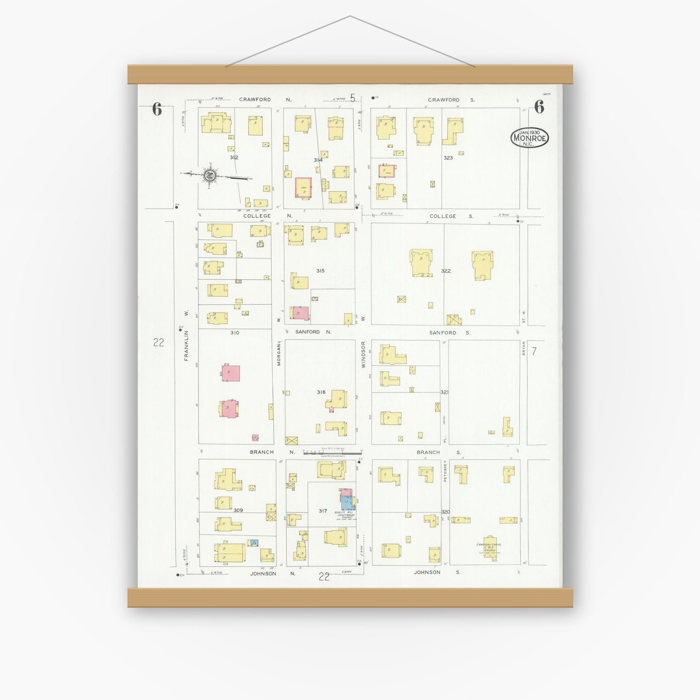 Old map wall art mockup — magnetic wood frame on white wall — Sanborn Fire Insurance Map from Monroe, Union County, North Carolina (1930), Sheet #0006