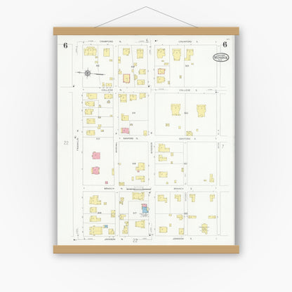 Old map wall art mockup — magnetic wood frame on white wall — Sanborn Fire Insurance Map from Monroe, Union County, North Carolina (1930), Sheet #0006