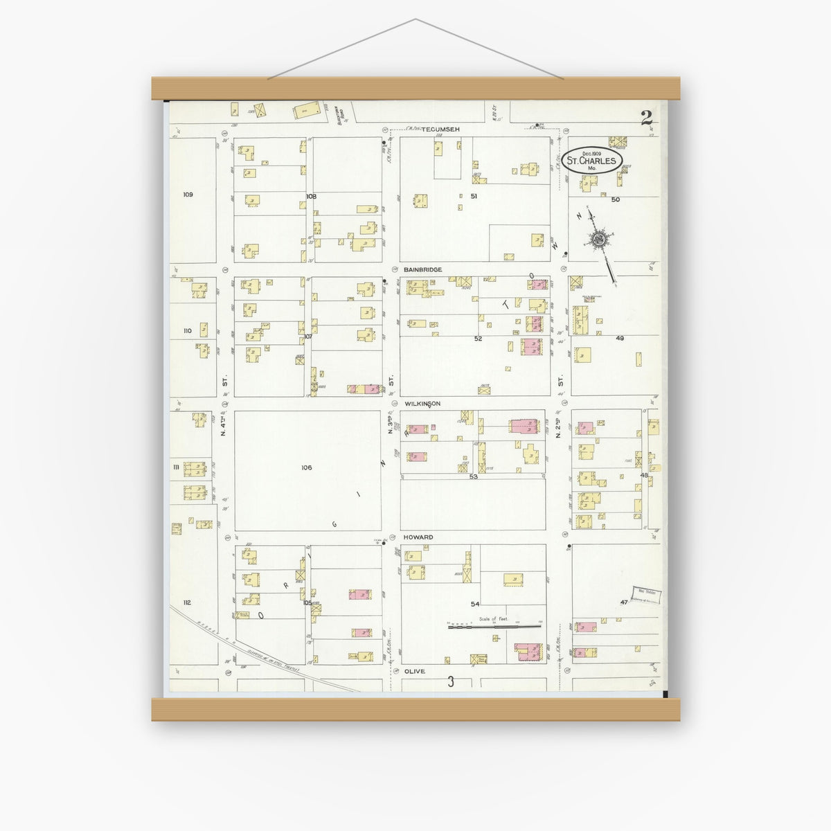 Old map wall art mockup — magnetic wood frame on white wall — Sanborn Fire Insurance Map from Saint Charles, Saint Charles County, Missouri (1909), Sheet #0002