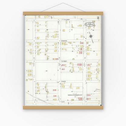 Old map wall art mockup — magnetic wood frame on white wall — Sanborn Fire Insurance Map from Saint Charles, Saint Charles County, Missouri (1909), Sheet #0002