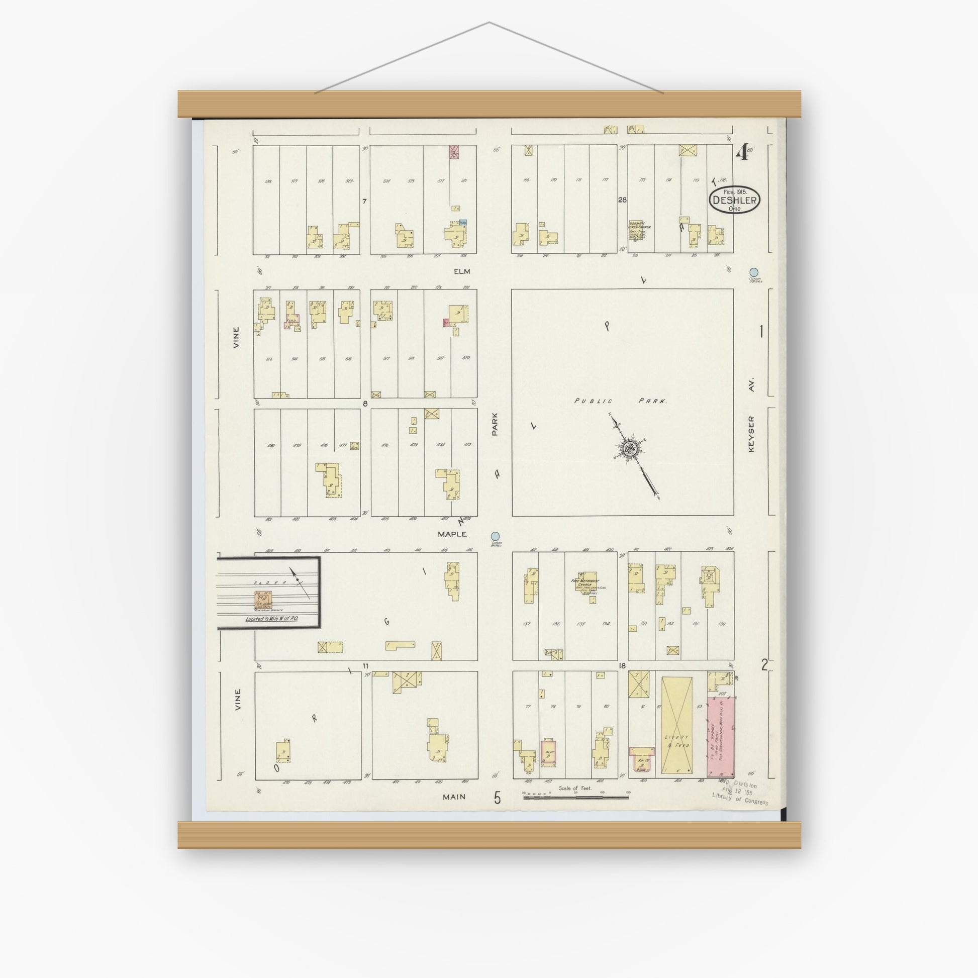 Old map wall art mockup — magnetic wood frame on white wall — Sanborn Fire Insurance Map from Deshler, Henry County, Ohio (1915), Sheet #0004