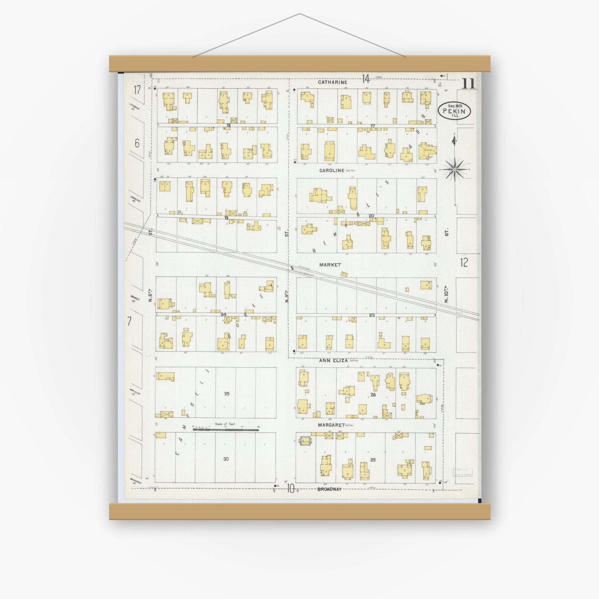 Old map wall art mockup — magnetic wood frame on white wall — Sanborn Fire Insurance Map from Pekin, Tazewell County, Illinois (1903), Sheet #0011