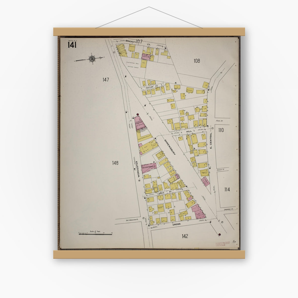 Old map wall art mockup — magnetic wood frame on white wall — Sanborn Fire Insurance Map from Worcester, Worcester County, Massachusetts (1910), Sheet #0141