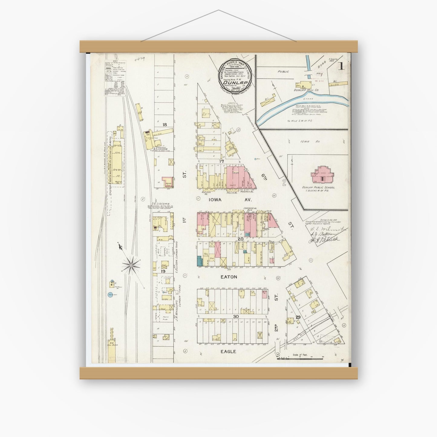 Old map wall art mockup — magnetic wood frame on white wall — Sanborn Fire Insurance Map from Dunlap, Harrison County, Iowa (1893) â€” Complete Set