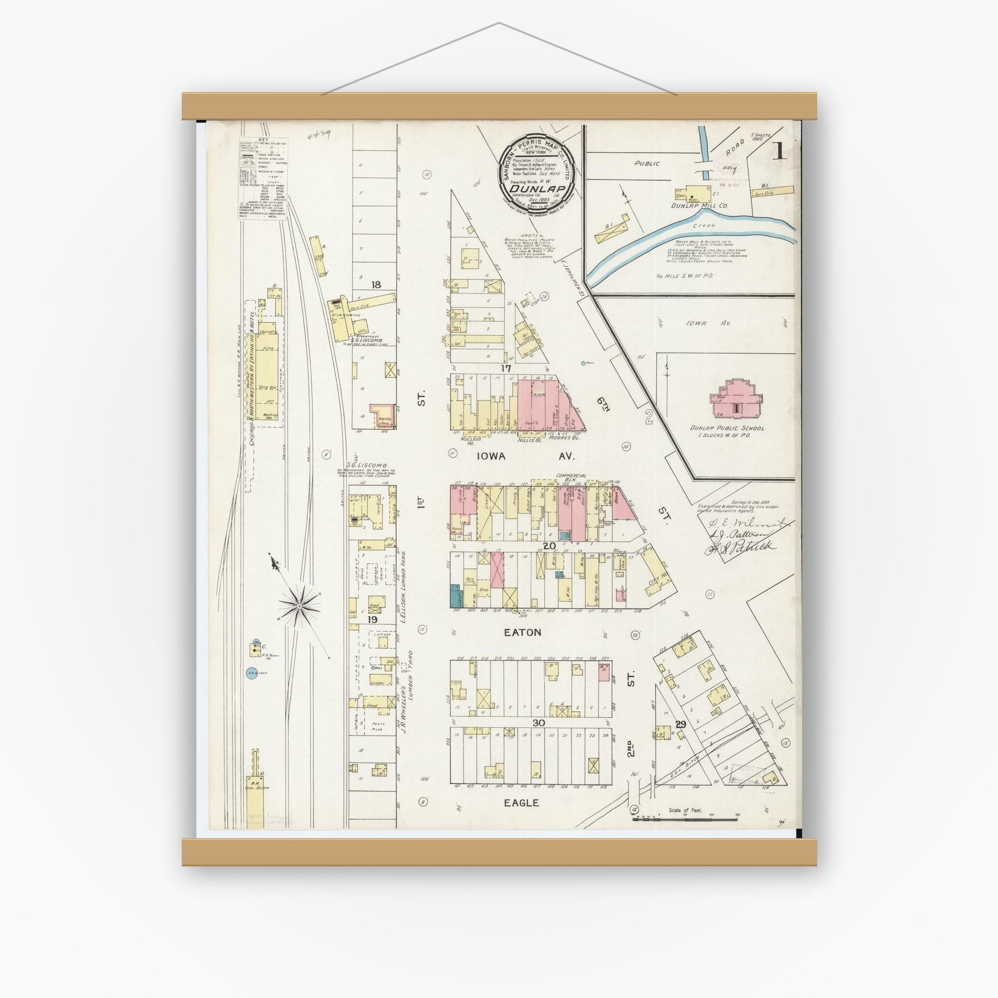 Old map wall art mockup — magnetic wood frame on white wall — Sanborn Fire Insurance Map from Dunlap, Harrison County, Iowa (1893) â€” Complete Set