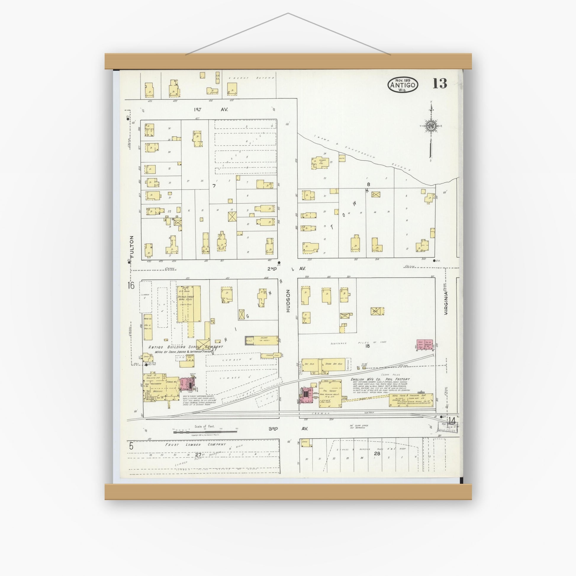 Old map wall art mockup — magnetic wood frame on white wall — Sanborn Fire Insurance Map from Antigo, Langlade County, Wisconsin (1919), Sheet #0013
