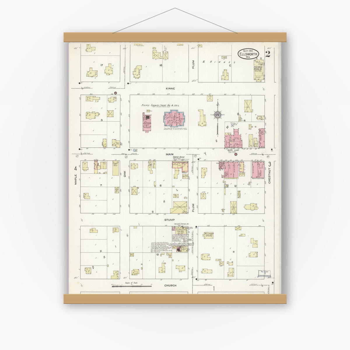 Old map wall art mockup — magnetic wood frame on white wall — Sanborn Fire Insurance Map from Ellsworth, Pierce County, Wisconsin (1912), Sheet #0002