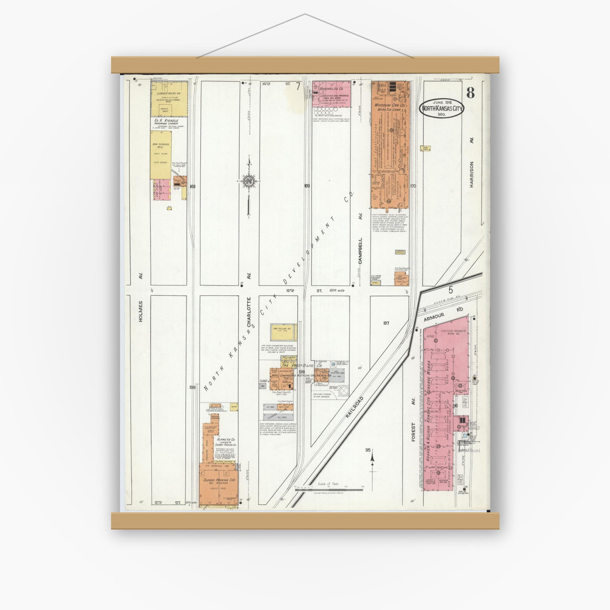 Old map wall art mockup — magnetic wood frame on white wall — Sanborn Fire Insurance Map from North Kansas City, Clay County, Missouri (1918), Sheet #0008
