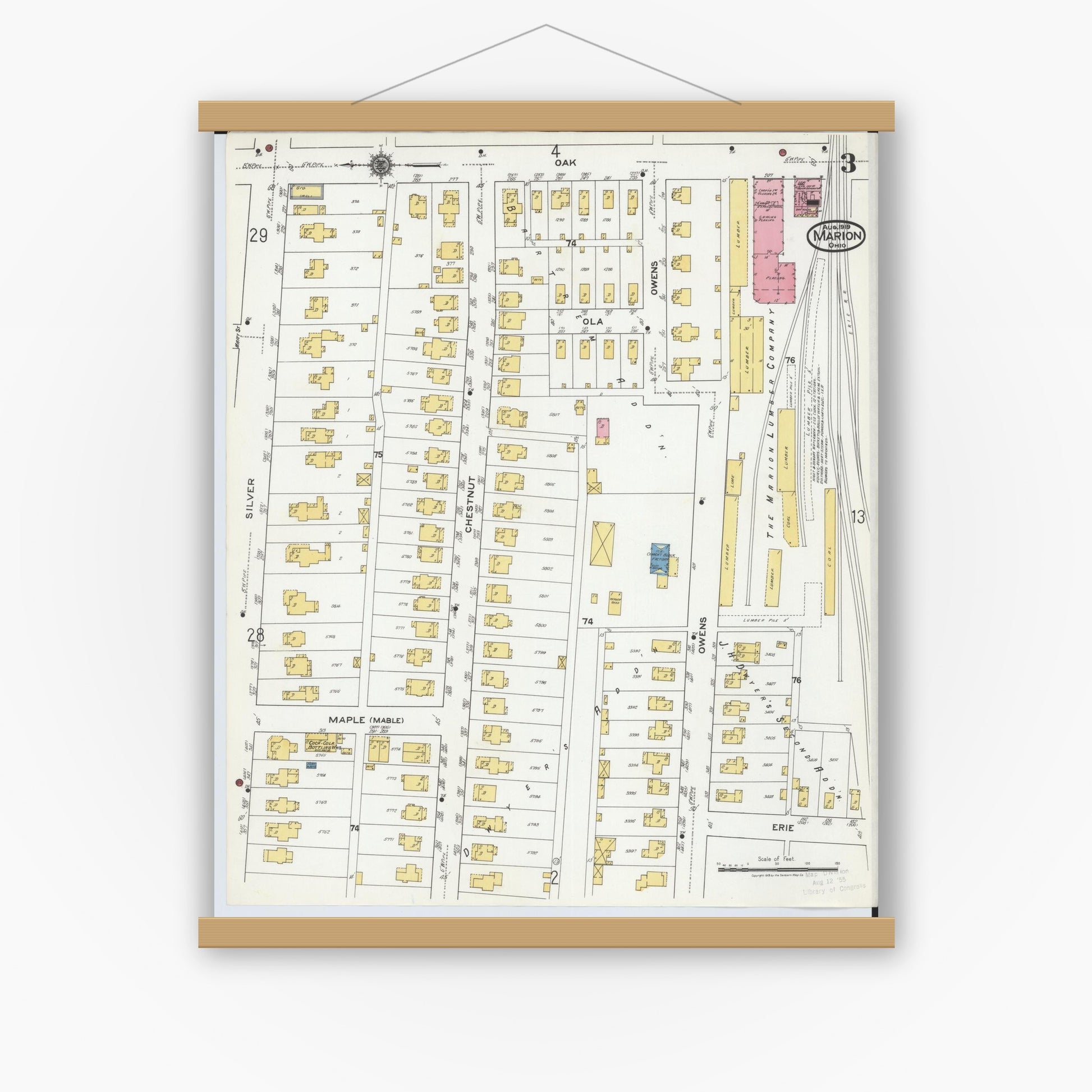 Old map wall art mockup — magnetic wood frame on white wall — Sanborn Fire Insurance Map from Marion, Marion County, Ohio (1919), Sheet #0003