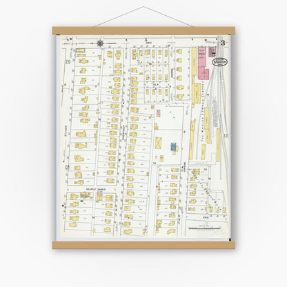 Old map wall art mockup — magnetic wood frame on white wall — Sanborn Fire Insurance Map from Marion, Marion County, Ohio (1919), Sheet #0003