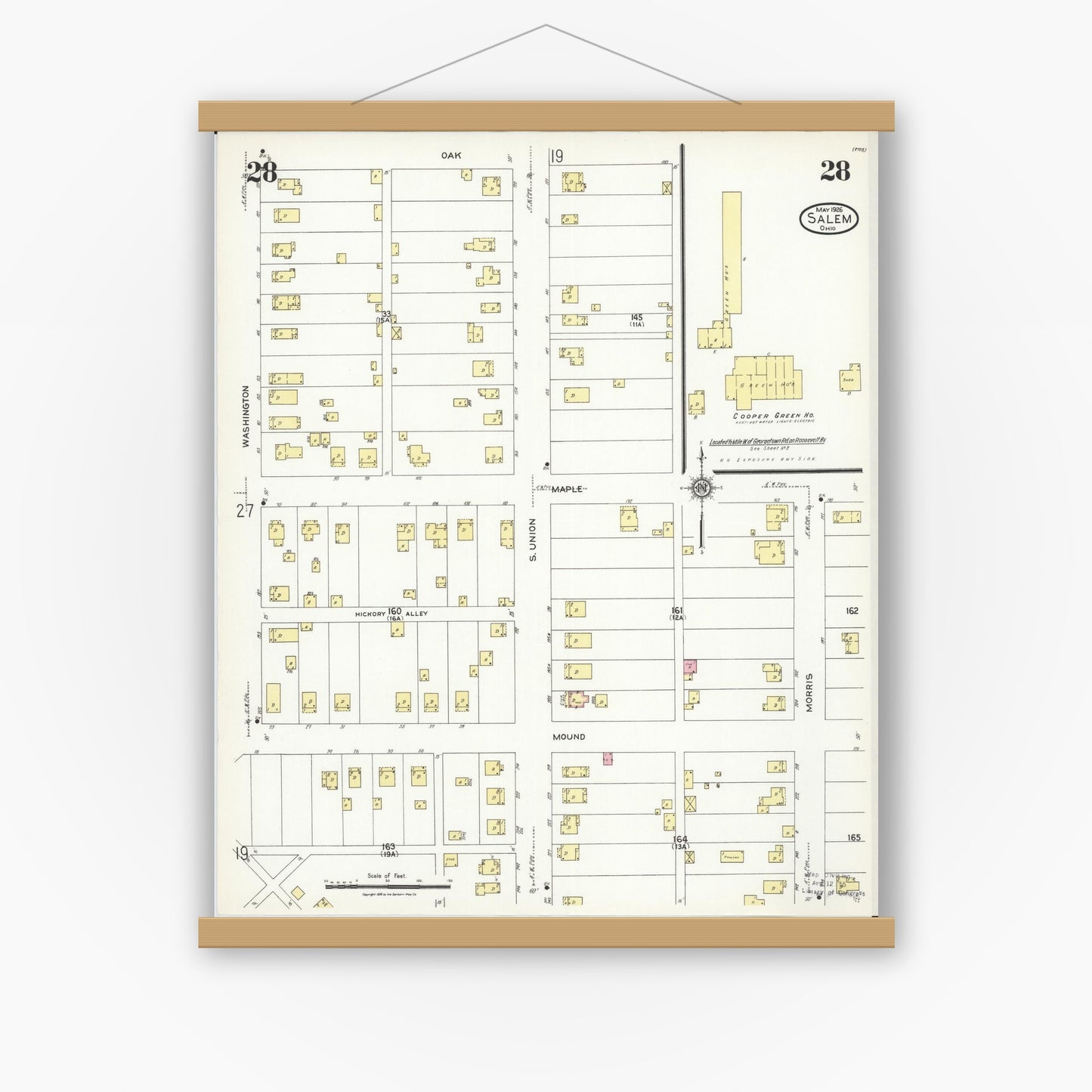 Old map wall art mockup — magnetic wood frame on white wall — Sanborn Fire Insurance Map from Salem, Columbiana County, Ohio (1926), Sheet #0028