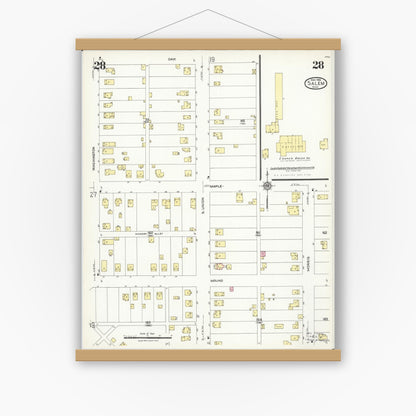 Old map wall art mockup — magnetic wood frame on white wall — Sanborn Fire Insurance Map from Salem, Columbiana County, Ohio (1926), Sheet #0028