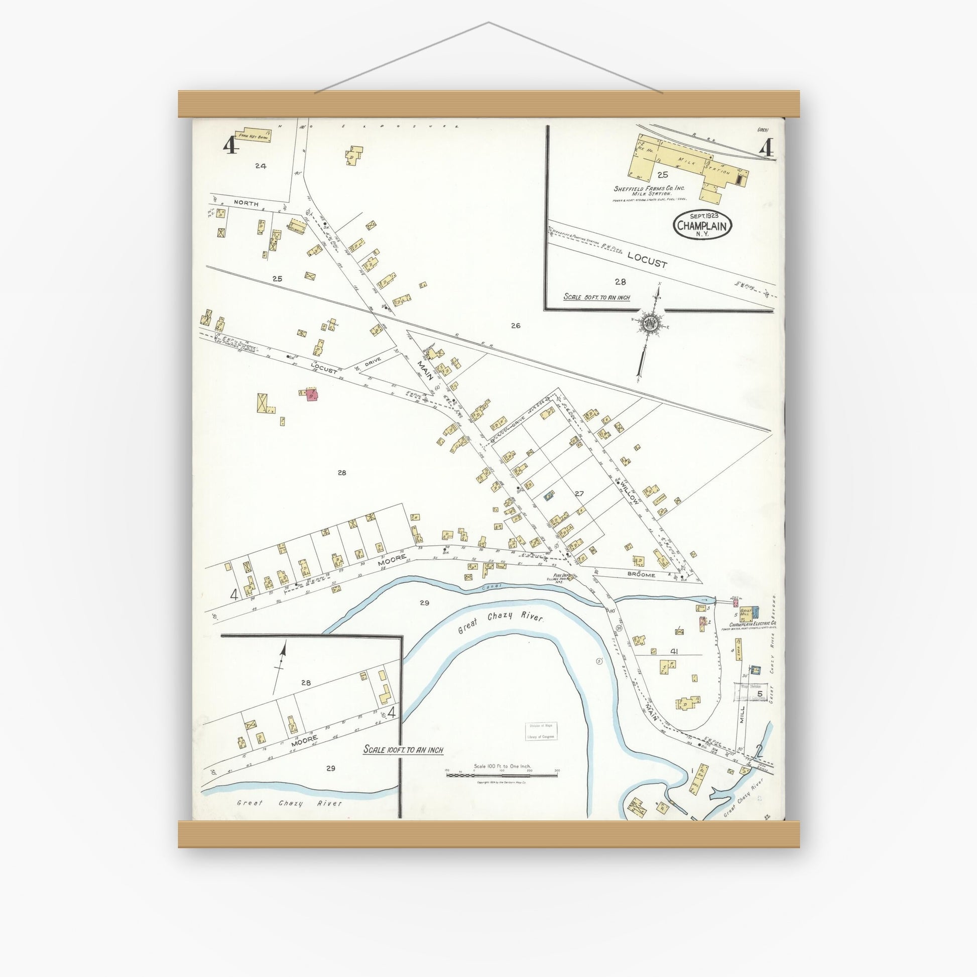 Old map wall art mockup — magnetic wood frame on white wall — Sanborn Fire Insurance Map from Champlain, Clinton County, New York (1923), Sheet #0004