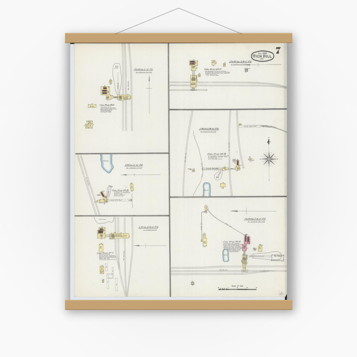 Old map wall art mockup — magnetic wood frame on white wall — Sanborn Fire Insurance Map from Rich Hill, Bates County, Missouri (1893), Sheet #0007