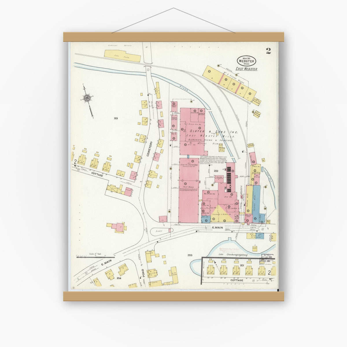 Old map wall art mockup — magnetic wood frame on white wall — Sanborn Fire Insurance Map from Webster, Worcester County, Massachusetts (1911), Sheet #0002