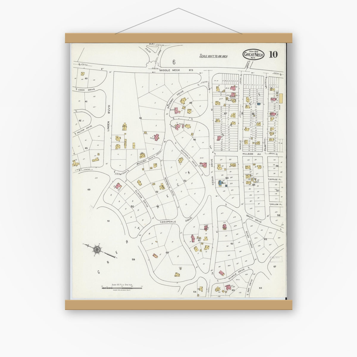 Old map wall art mockup — magnetic wood frame on white wall — Sanborn Fire Insurance Map from Great Neck, Nassau County, New York (1919), Sheet #0010