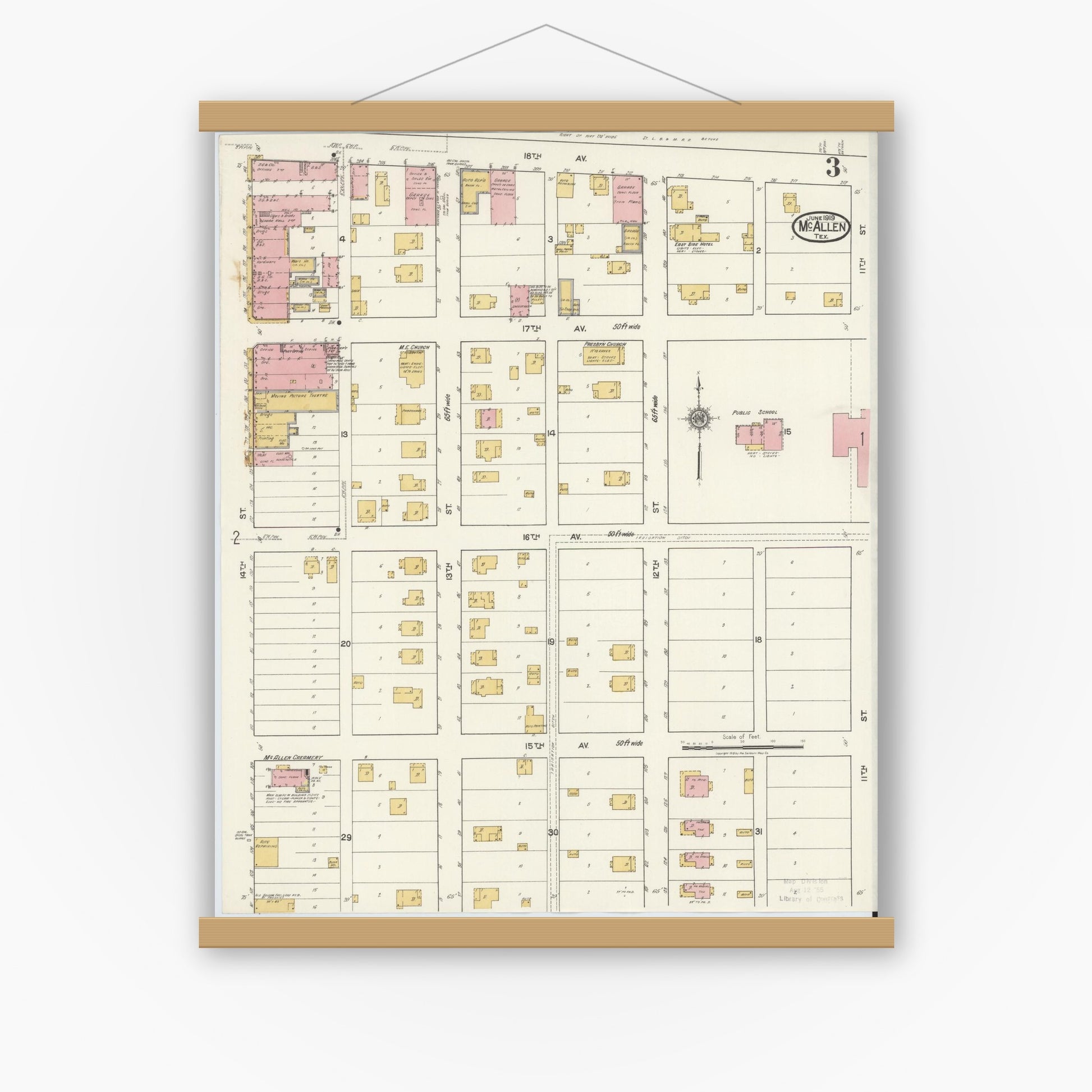 Old map wall art mockup — magnetic wood frame on white wall — Sanborn Fire Insurance Map from McAllen, Hidalgo County, Texas (1919), Sheet #0003