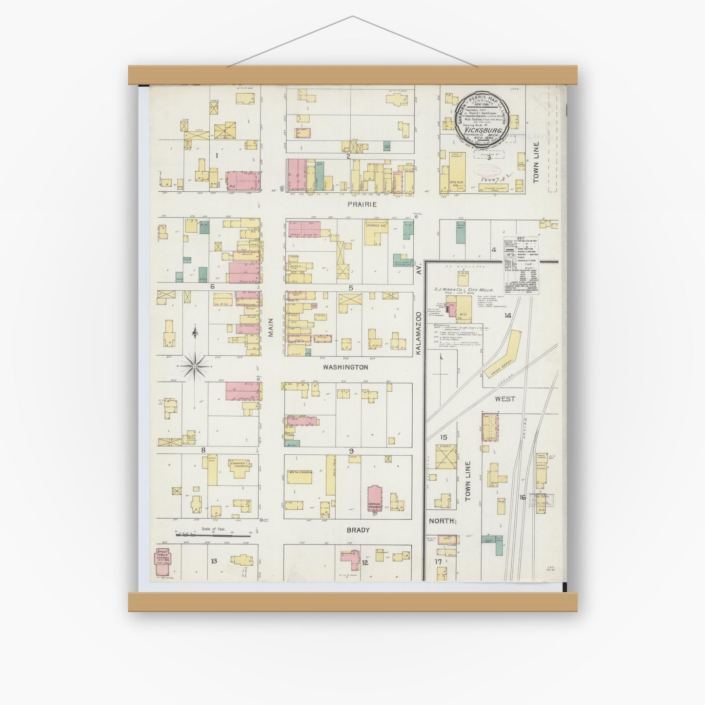 Old map wall art mockup — magnetic wood frame on white wall — Sanborn Fire Insurance Map from Vicksburg, Kalamazoo County, Michigan (1892), Sheet #0001