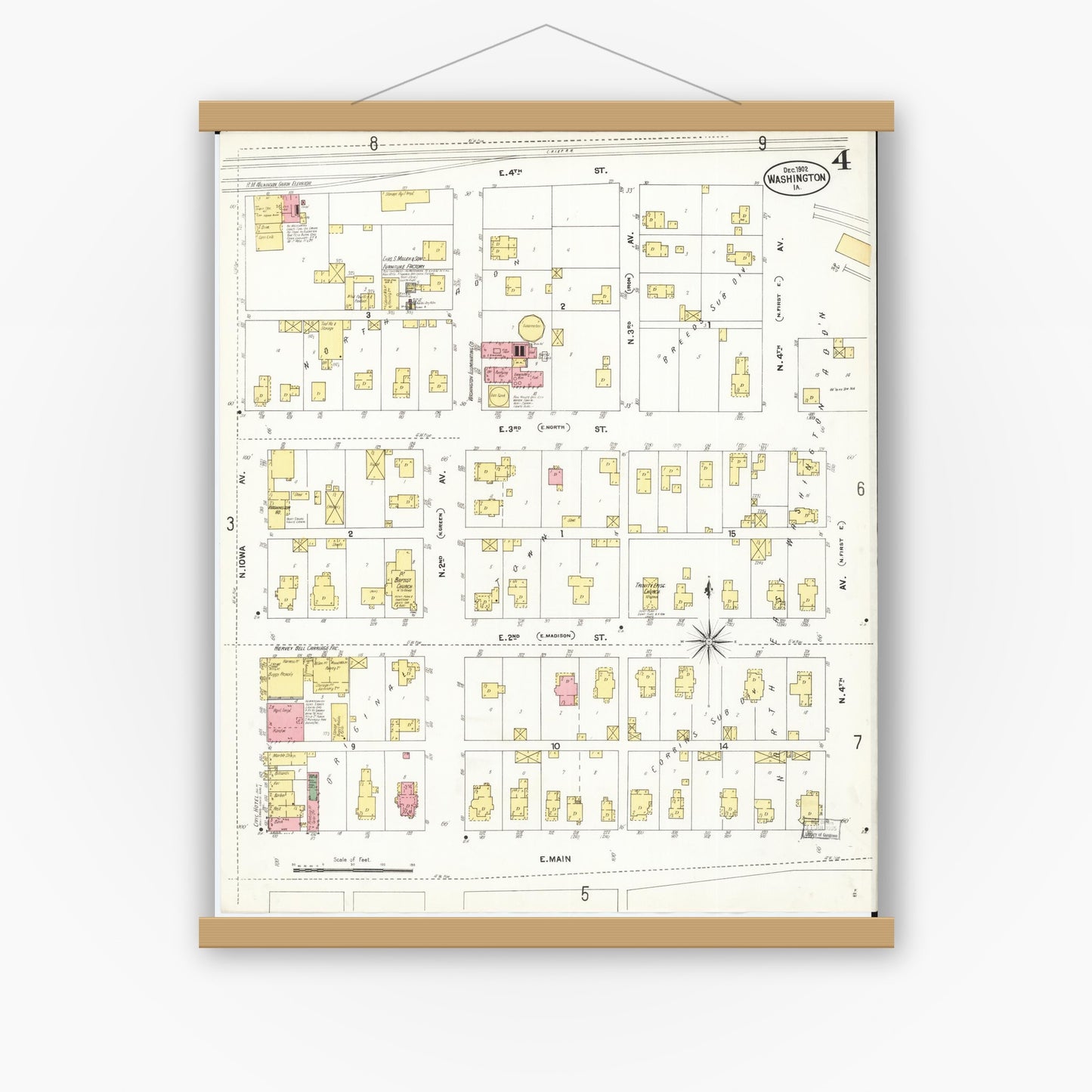 Old map wall art mockup — magnetic wood frame on white wall — Sanborn Fire Insurance Map from Washington, Washington County, Iowa (1902), Sheet #0004
