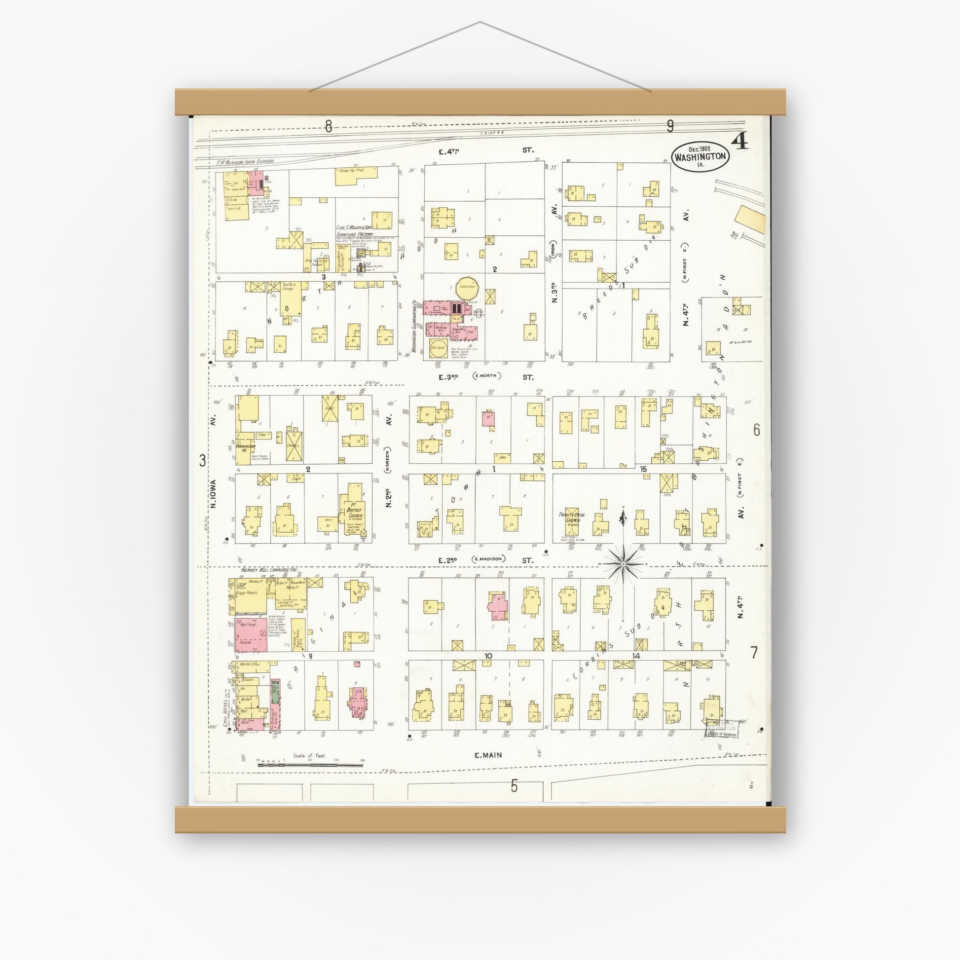 Old map wall art mockup — magnetic wood frame on white wall — Sanborn Fire Insurance Map from Washington, Washington County, Iowa (1902), Sheet #0004