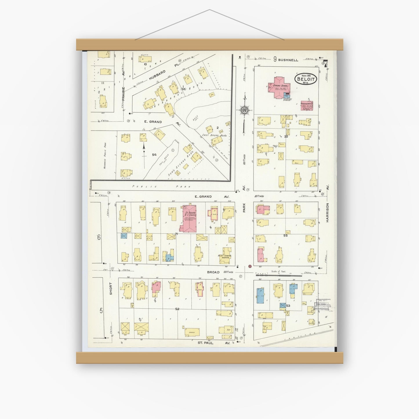 Old map wall art mockup — magnetic wood frame on white wall — Sanborn Fire Insurance Map from Beloit, Rock County, Wisconsin (1915), Sheet #0007