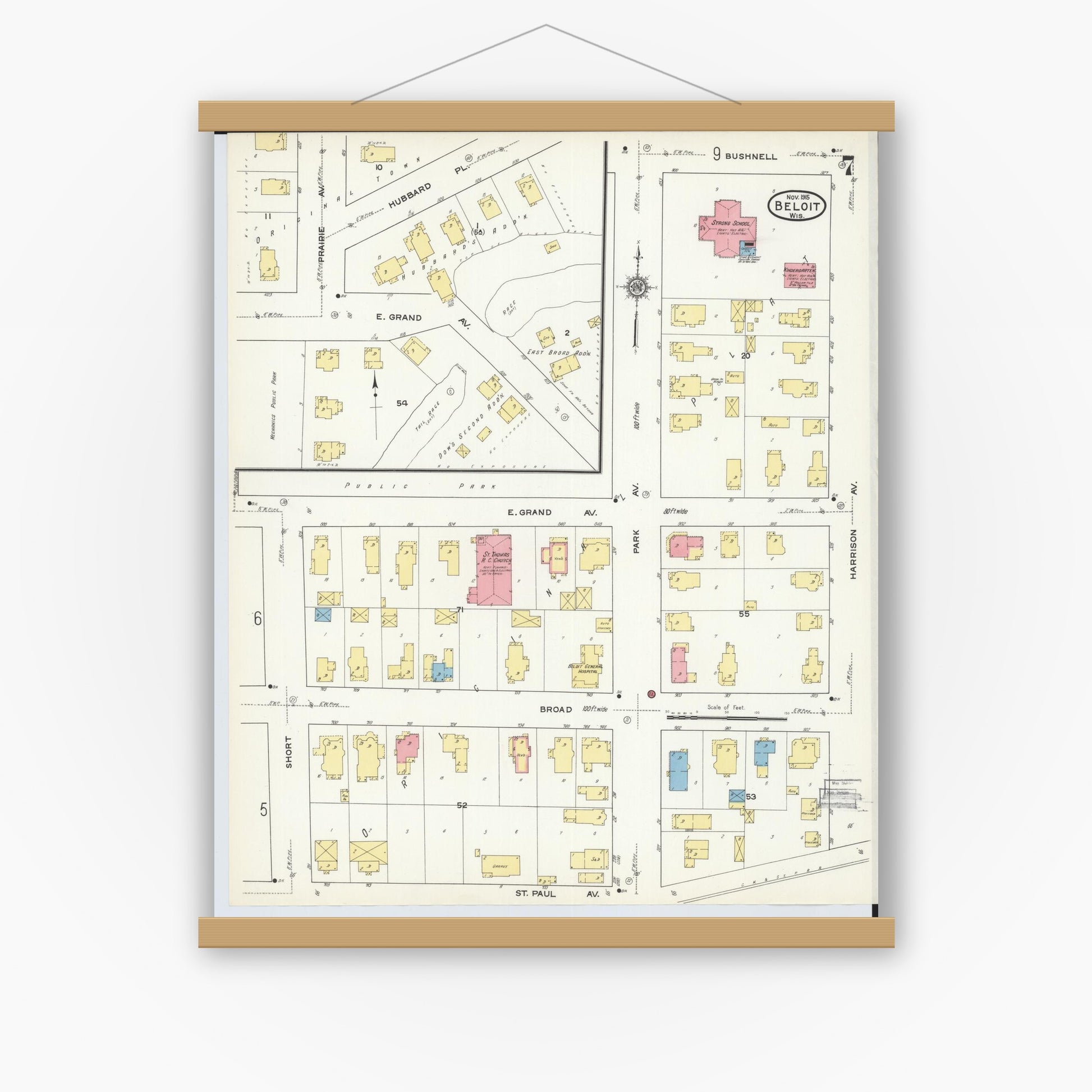 Old map wall art mockup — magnetic wood frame on white wall — Sanborn Fire Insurance Map from Beloit, Rock County, Wisconsin (1915), Sheet #0007