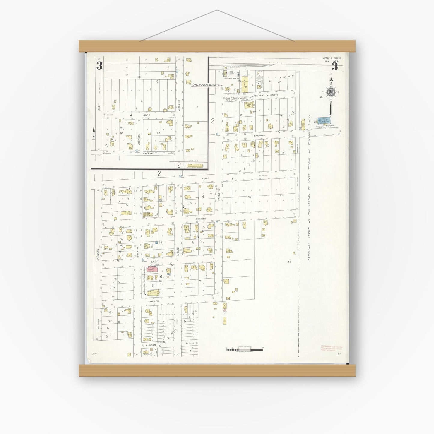 Old map wall art mockup — magnetic wood frame on white wall — Sanborn Fire Insurance Map from Merrill, Saginaw County, Michigan (1939), Sheet #0003