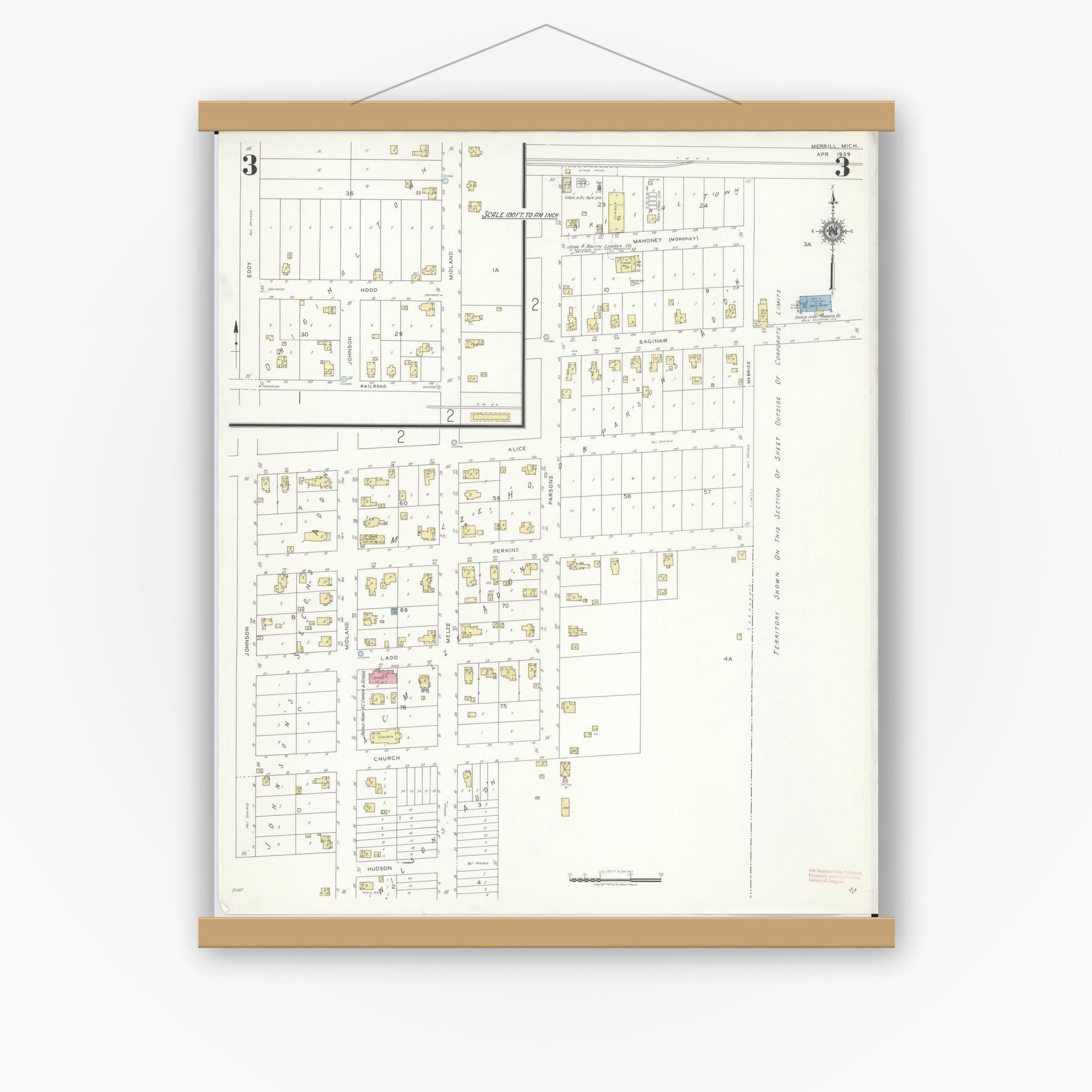 Old map wall art mockup — magnetic wood frame on white wall — Sanborn Fire Insurance Map from Merrill, Saginaw County, Michigan (1939), Sheet #0003