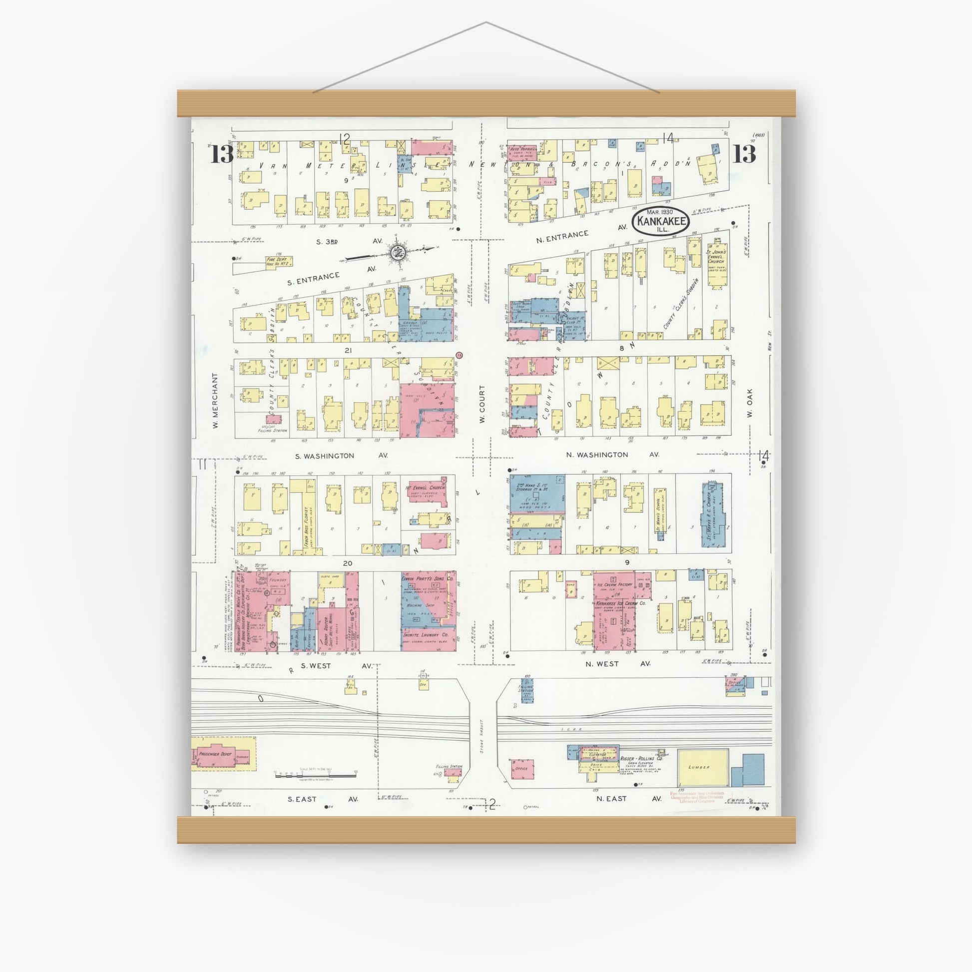 Old map wall art mockup — magnetic wood frame on white wall — Sanborn Fire Insurance Map from Kankakee, Kankakee County, Illinois (1930), Sheet #0013