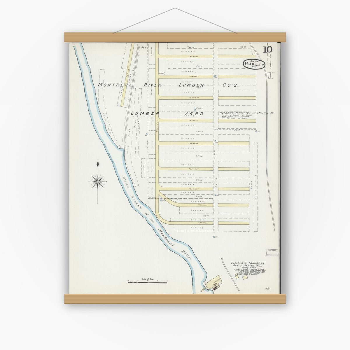 Old map wall art mockup — magnetic wood frame on white wall — Sanborn Fire Insurance Map from Hurley, Iron County, Wisconsin (1891), Sheet #0010