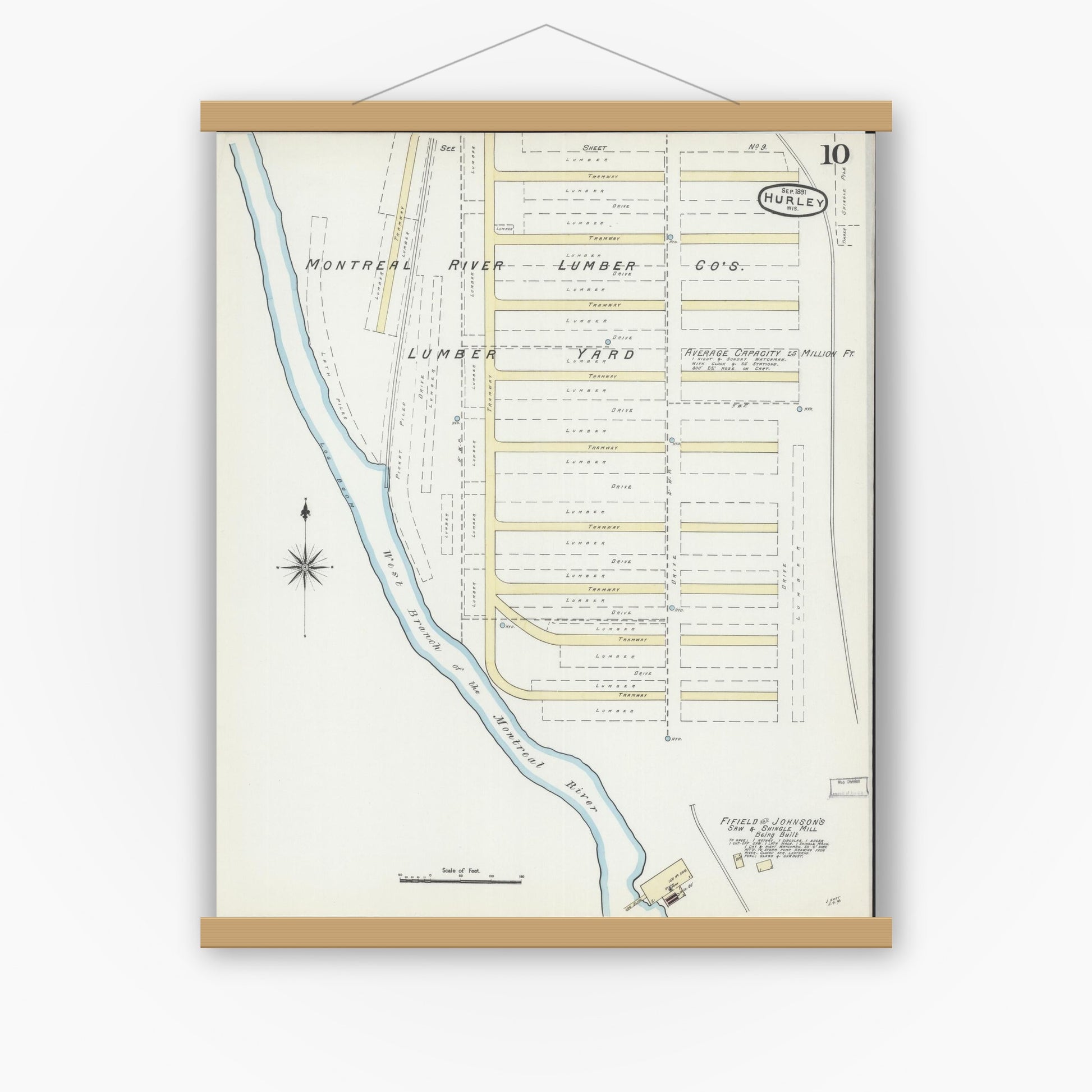 Old map wall art mockup — magnetic wood frame on white wall — Sanborn Fire Insurance Map from Hurley, Iron County, Wisconsin (1891), Sheet #0010