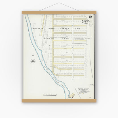 Old map wall art mockup — magnetic wood frame on white wall — Sanborn Fire Insurance Map from Hurley, Iron County, Wisconsin (1891), Sheet #0010