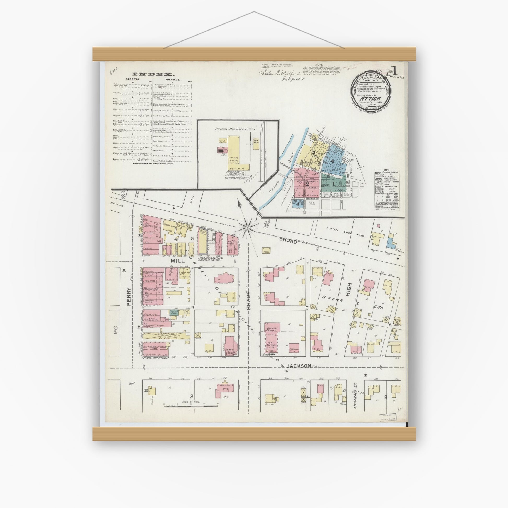 Old map wall art mockup — magnetic wood frame on white wall — Sanborn Fire Insurance Map from Attica, Fountain County, Indiana (1892), Sheet #0001