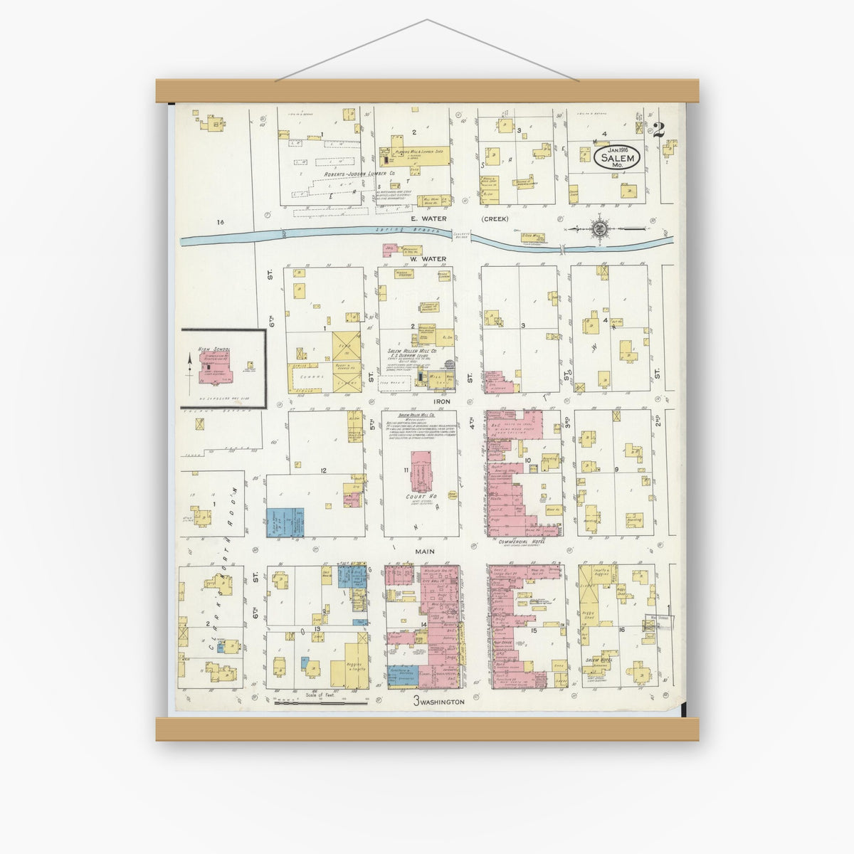 Old map wall art mockup — magnetic wood frame on white wall — Sanborn Fire Insurance Map from Salem, Dent County, Missouri (1916), Sheet #0002