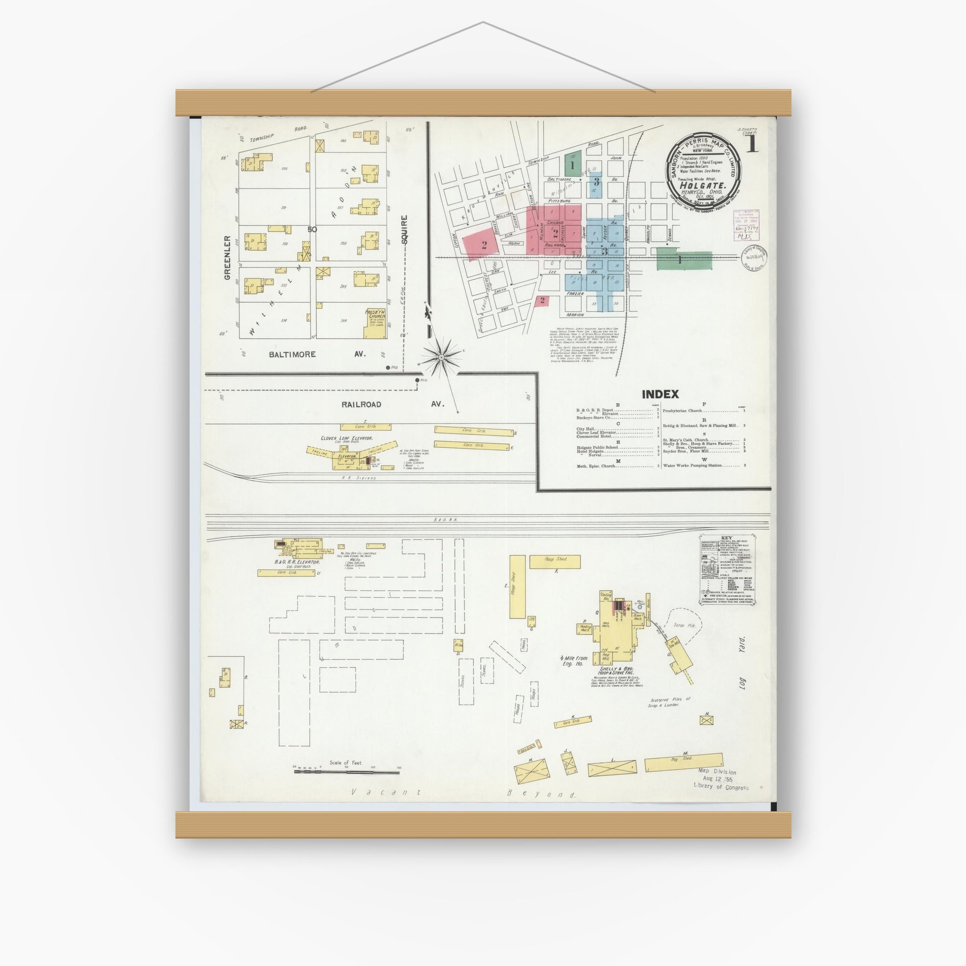 Old map wall art mockup — magnetic wood frame on white wall — Sanborn Fire Insurance Map from Holgate, Henry County, Ohio (1901), Sheet #0001