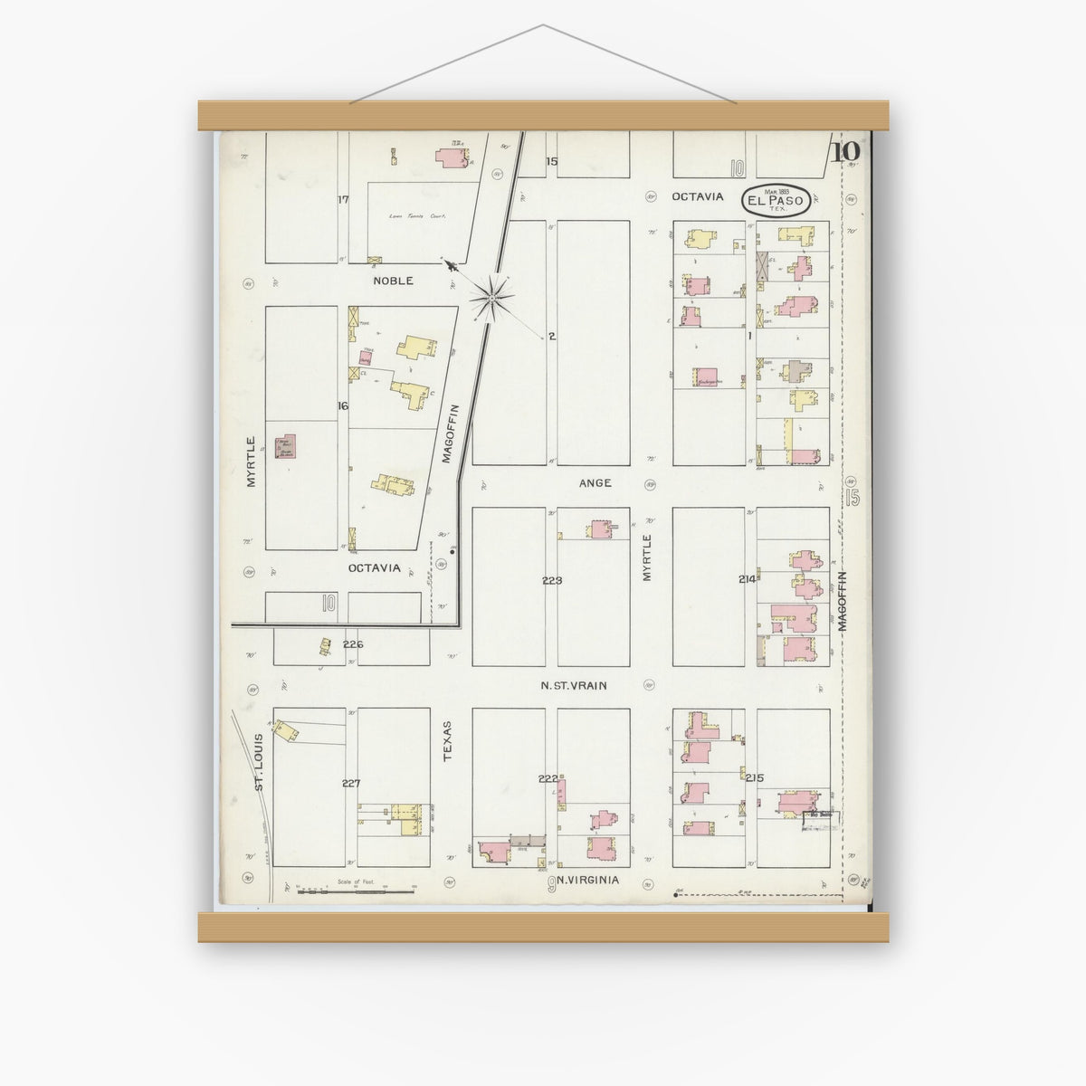 Old map wall art mockup — magnetic wood frame on white wall — Sanborn Fire Insurance Map from El Paso, El Paso County, Texas (1893), Sheet #0010