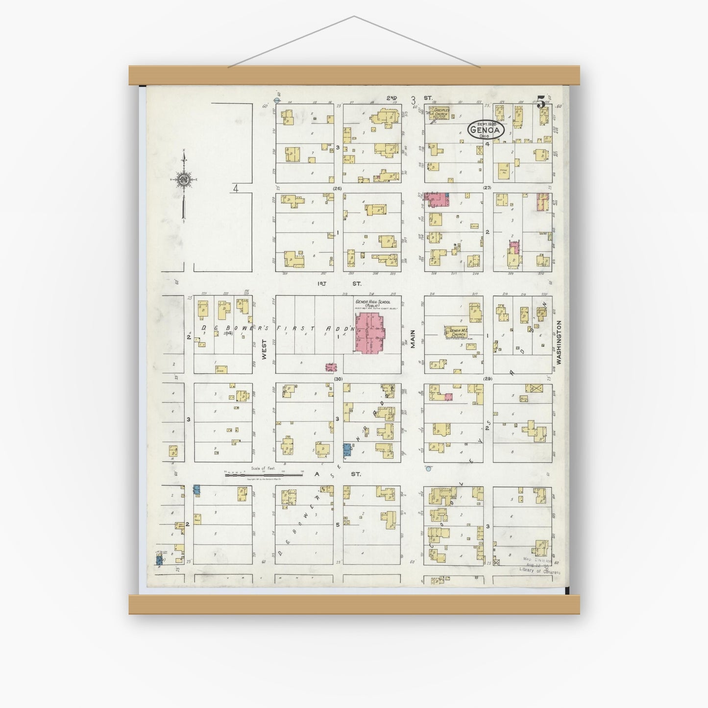 Old map wall art mockup — magnetic wood frame on white wall — Sanborn Fire Insurance Map from Genoa, Ottawa County, Ohio (1920), Sheet #0005