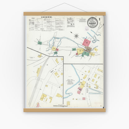 Old map wall art mockup — magnetic wood frame on white wall — Sanborn Fire Insurance Map from Uxbridge, Worcester County, Massachusetts (1903) - Complete Map Set