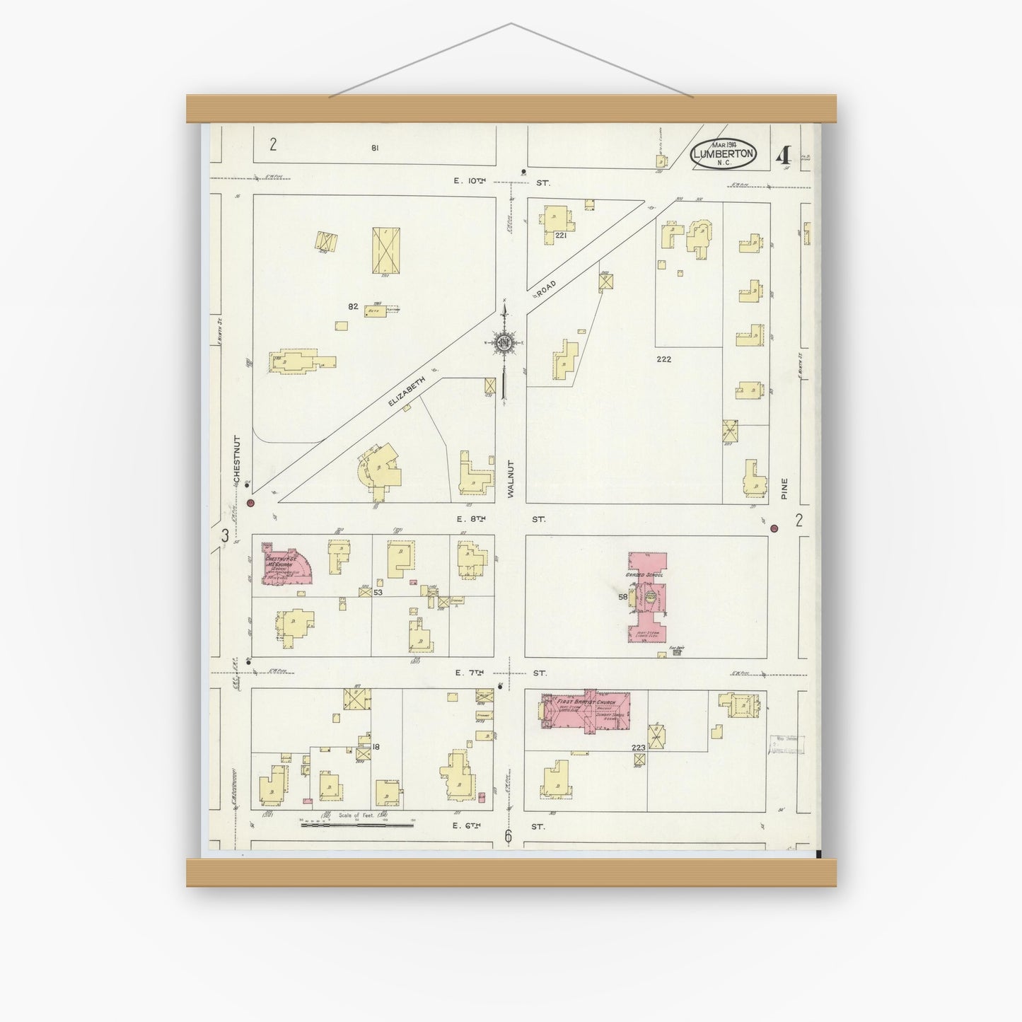 Old map wall art mockup — magnetic wood frame on white wall — Sanborn Fire Insurance Map from Lumberton, Robeson County, North Carolina (1914), Sheet #0004