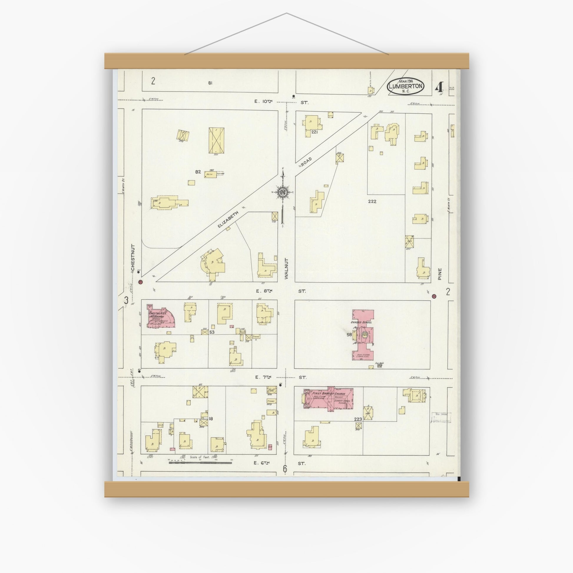 Old map wall art mockup — magnetic wood frame on white wall — Sanborn Fire Insurance Map from Lumberton, Robeson County, North Carolina (1914), Sheet #0004