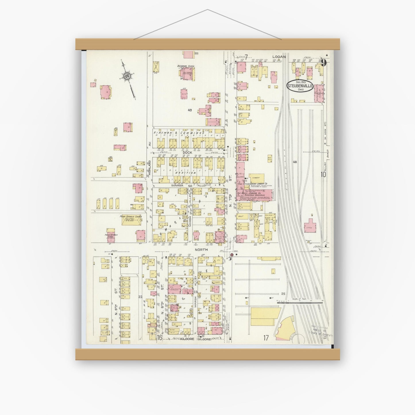 Old map wall art mockup — magnetic wood frame on white wall — Sanborn Fire Insurance Map from Steubenville, Jefferson County, Ohio (1913), Sheet #0009